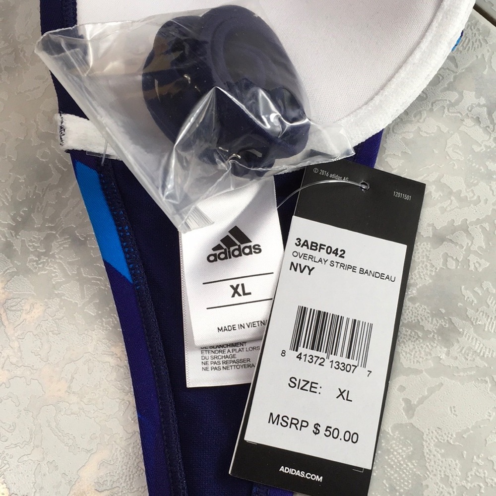 adidas Bandeau Bikini Top Navy, White, Teal, Bathing Suit Top. Size XL NWT - Picture 7 of 8